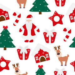 Seamless pattern Christmas elements vector illustration. Christmas tree star Santa Claus deer house gift candy