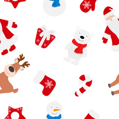 Seamless pattern Christmas tree star Santa Claus deer house snowman polar bear vector illustration.