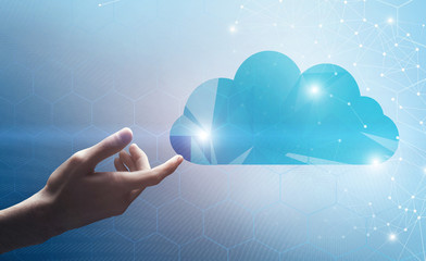 Data Storage. Male Hand Touching Abstract Cloud Icon With Polygonal Wireframe Connections