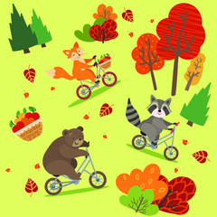 pattern, seamless, funny animals, fox, raccoon, bear, ride bicycles, on a light green background, autumn trees and bushes, basket with apples, for children, print, vector illustration