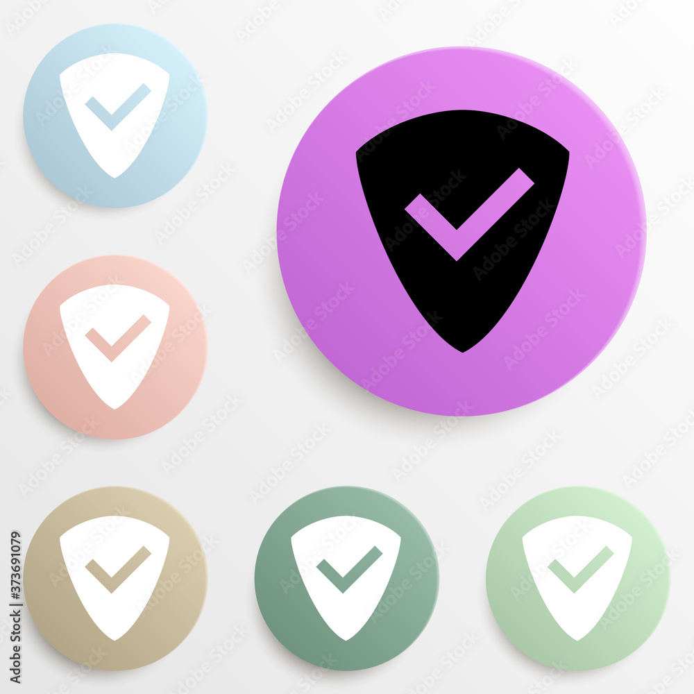 Poster sign shield with a tick badge color set. simple glyph, flat vector of web icons for ui and ux, websi