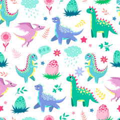 Little cute dinosaurs on a white background. Baby print, seamless pattern.