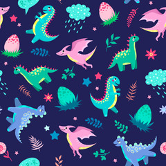 Cute colorful dinosaurs, prehistoric animals. Baby textile seamless pattern