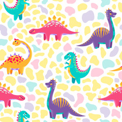 Fototapeta na wymiar Cute colorful dinosaurs on a white background. Children's illustration, seamless pattern.