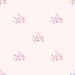 Cartoon cute doodles hand drawn Musical seamless pattern. Colorful detailed. Bright colors backdrop with music symbols and items