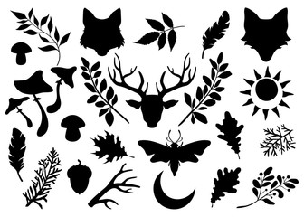 Black silhouettes of animals and plants on a white background. The head of a deer, wolf and fox. Forest set