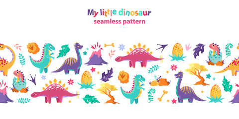 Childish seamless pattern, border. Cute little dinosaurs on a white background.