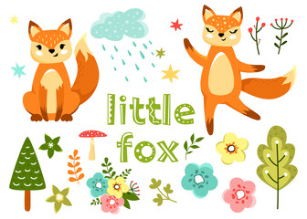 Cute foxes and forest decorative elements on a white background. Children's vector clip art. Flowers and trees.