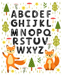 Children's alphabet with ornament and cute foxes. Font set in Scandinavian style, print.