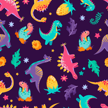Cute colorful dinosaurs, prehistoric animals. Baby textile seamless pattern