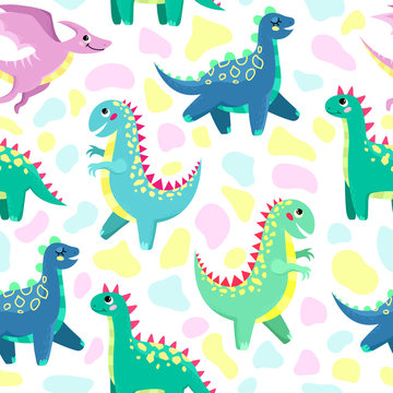 Cute colorful dinosaurs on a white background. Children's illustration, seamless pattern.