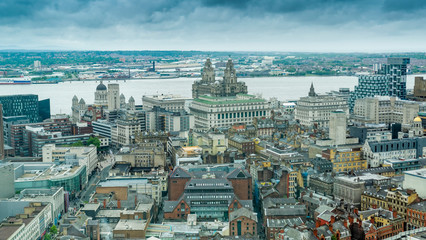 Fototapeta na wymiar Liverpool, England - May 28, 2017: Aerial skyline view of Liverpool city centre from the Radio City Tower built in 1969.