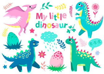 Set of cute colorful dinosaurs. Children's illustration, clip art