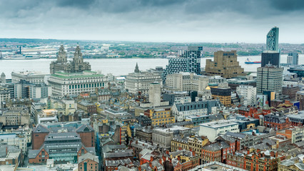 Liverpool, England - May 28, 2017: Aerial skyline view of Liverpool city centre from the Radio City Tower built in 1969. - obrazy, fototapety, plakaty