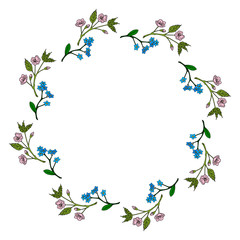 Round frame with sakura branches and flowers forget-me-not on white background. Vector image.