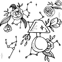 Set of cute vector doodle illustrations on the theme of night and constellations. Concept design for decoration.