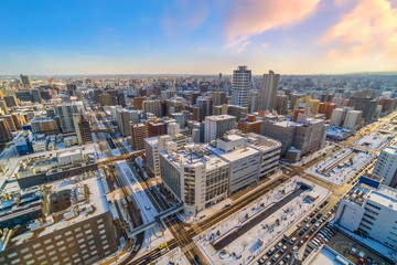 Sapporo city downtown skyline cityscape of Japan sunset