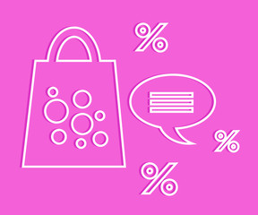 Shopping bag and discounts on a pink background. Cartoon. Vector illustration.