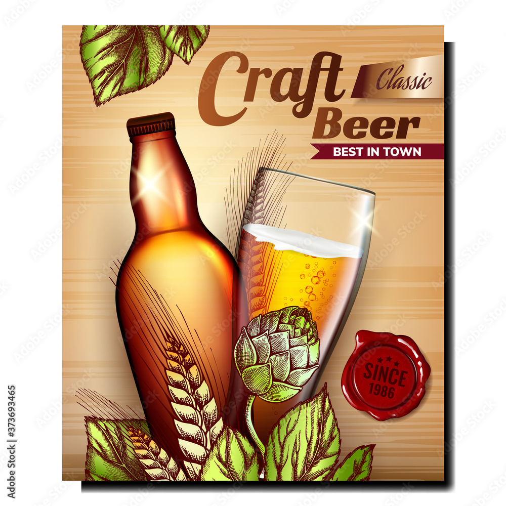 Sticker beer alcohol product promotional banner vector. classic beer blank bottle and glass, barley and hops