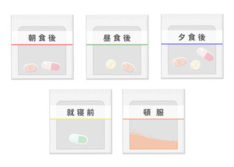 薬の一包化 イメージイラスト（朝、昼、夜、就寝前、頓服 五種類）