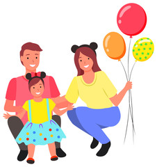 Family taking photo together vector, mom and daddy posing with daughter. Mother holding inflatable balloons, photozone accessory and decoration for party. Celebration of girls happy birthday
