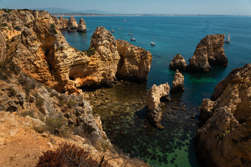 Coves and cliffs at Ponta da Piedade the most famous spot of Algarve region, in Portugal.