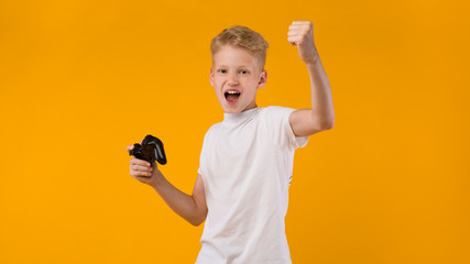 Little boy playing video games online at studio