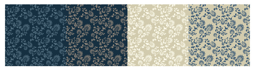 Fototapeta premium Set of four vector vintage flowers seamless patterns. classic pattern on light and dark background. For wallpaper, wrapping and textile printing 