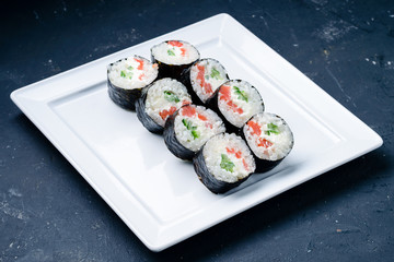 sushi roll close up for menu on grey background