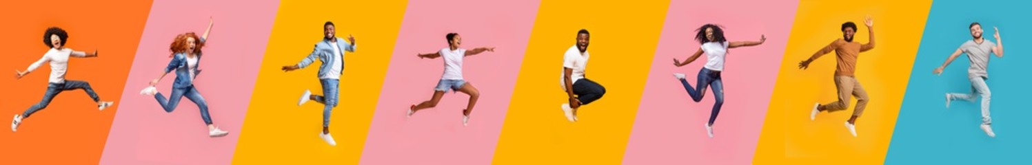 Collage of excited joyful multiracial people jumping over bright color backgrounds, panorama