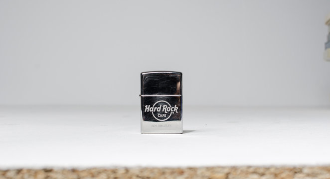 london, uk, 05/05/2020 Classic official Zippo brand usa american hard rock cafe zippo lighter los angeles. collectors lighter americana memorabilia.