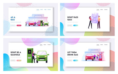 Fototapeta na wymiar Characters Refueling Car on Fuel Station Landing Page Template Set. Man Pumping Petrol and Charging Electric Auto