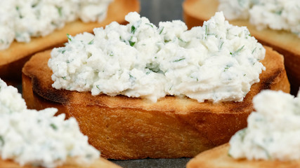 bruschetta with ricotta cheese and herbs. Healthy appetizer, breakfast, snack