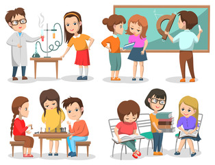 Pupils or students, school classes or lessons and hobby clubs vector. Chemistry and geometry, chess and literature, education, laboratory and classroom. Back to school concept. Flat cartoon