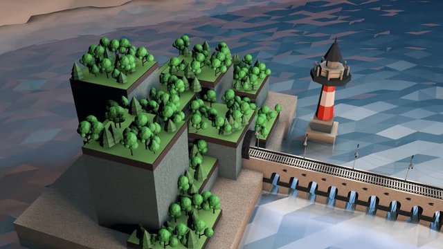 The train moves across the bridge over the reservoir. Drives into the tunnel. In the background trees and a lighthouse. Full HD. Low poly scene