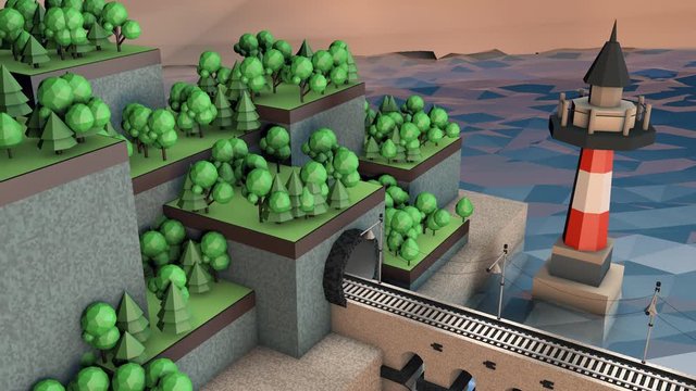 The train moves across the bridge over the reservoir. Drives into the tunnel. In the background trees and a lighthouse. Full HD. Low poly scene