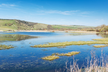 Views of Cucmere river near Seaford and Eastbourne, East Sussex, footpath leading to Cuckmere Haven beach, selective focus