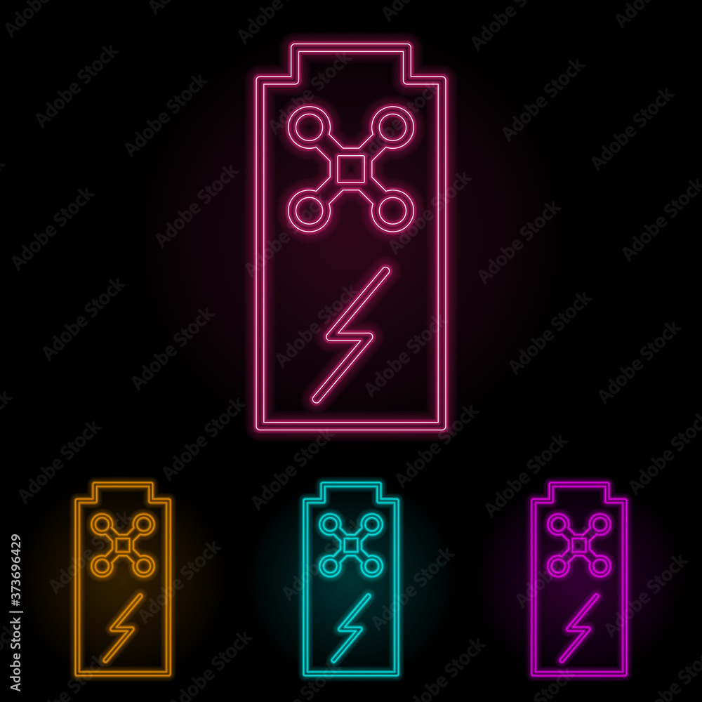 Poster charging a drone color neon set. simple thin line, outline vector of drones icons for ui and ux, web