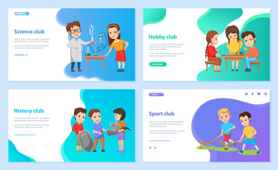 Science and hobby club vector, history and sportive activity, back to school concept. Kids at chemistry lesson, boy and girl with historic items, playing chess. Website or webpage template, page