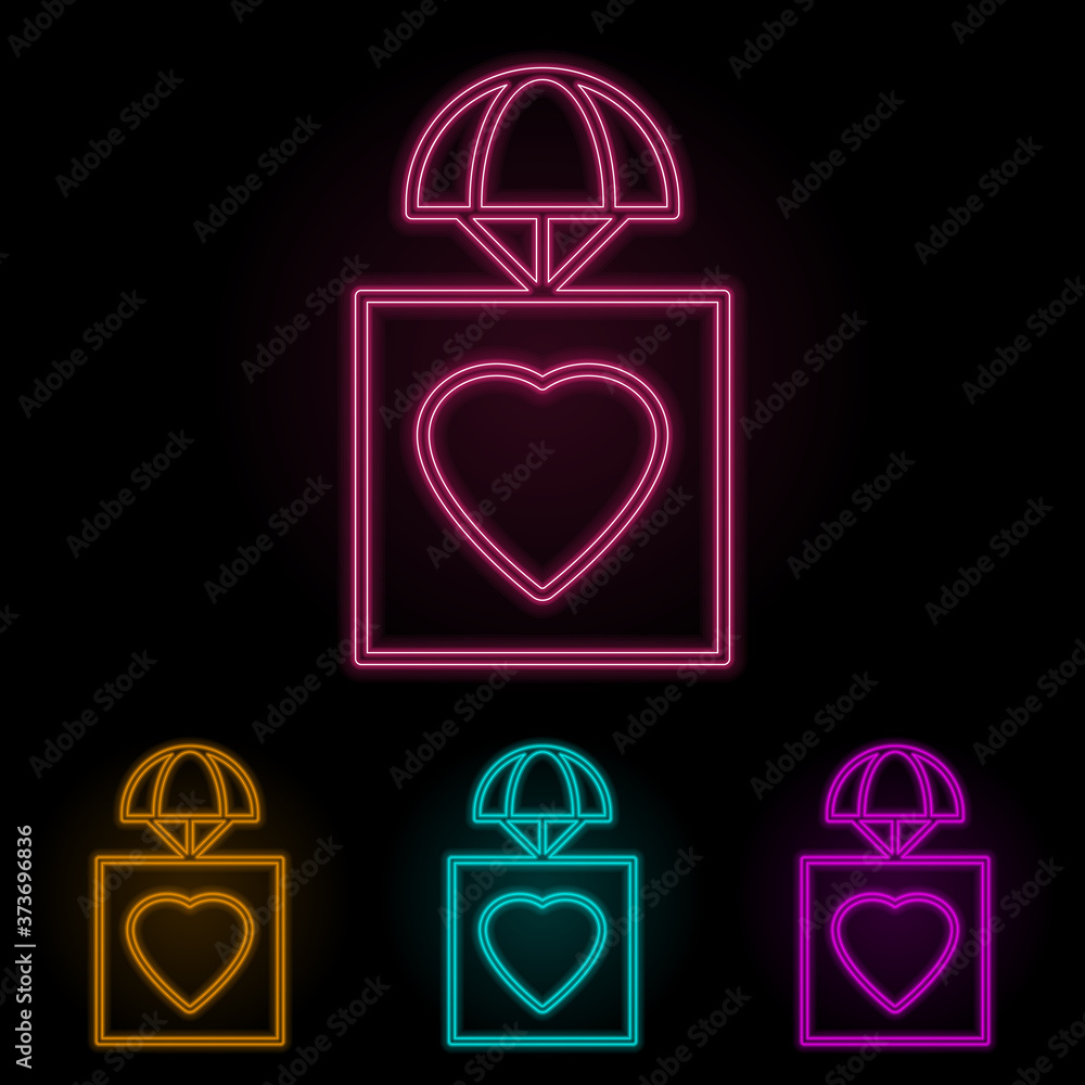 Poster a parcel with a heart color neon set. simple thin line, outline vector of drones icons for ui and ux
