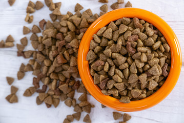 Top view of dry pet food in a orange bowl