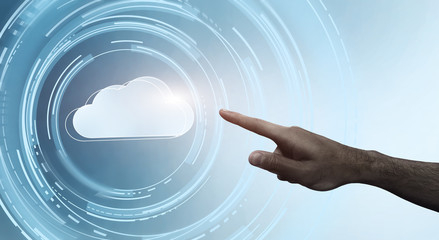 Black Male Hand Clicking At Cloud Data Storage Icon Over Virtual Screen