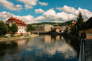 view of river and buildings in Czech republic.