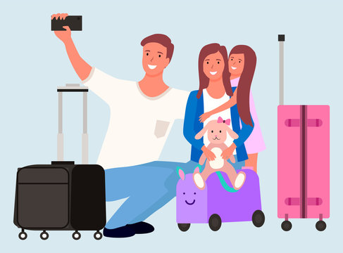 Family at airport taking sallfie, flight and departure, baggage or luggage vector. Mother, father and daughter with suitcases, summer vacation or holidays