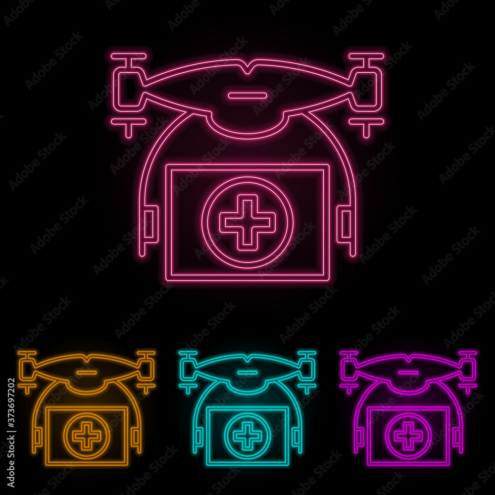 Poster drone with medicines color neon set. simple thin line, outline vector of drones icons for ui and ux,