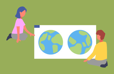 Children or teenagers sit near large map of the world with two globes. Geography and atlas, learning and development, creative expression. School or preschool. People on the green background