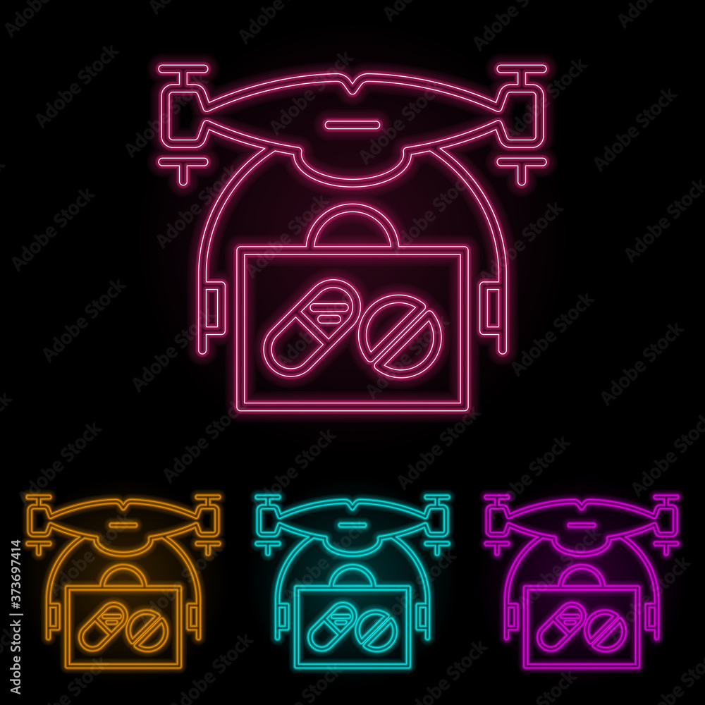 Poster drone with medicines color neon set. simple thin line, outline vector of drones icons for ui and ux,