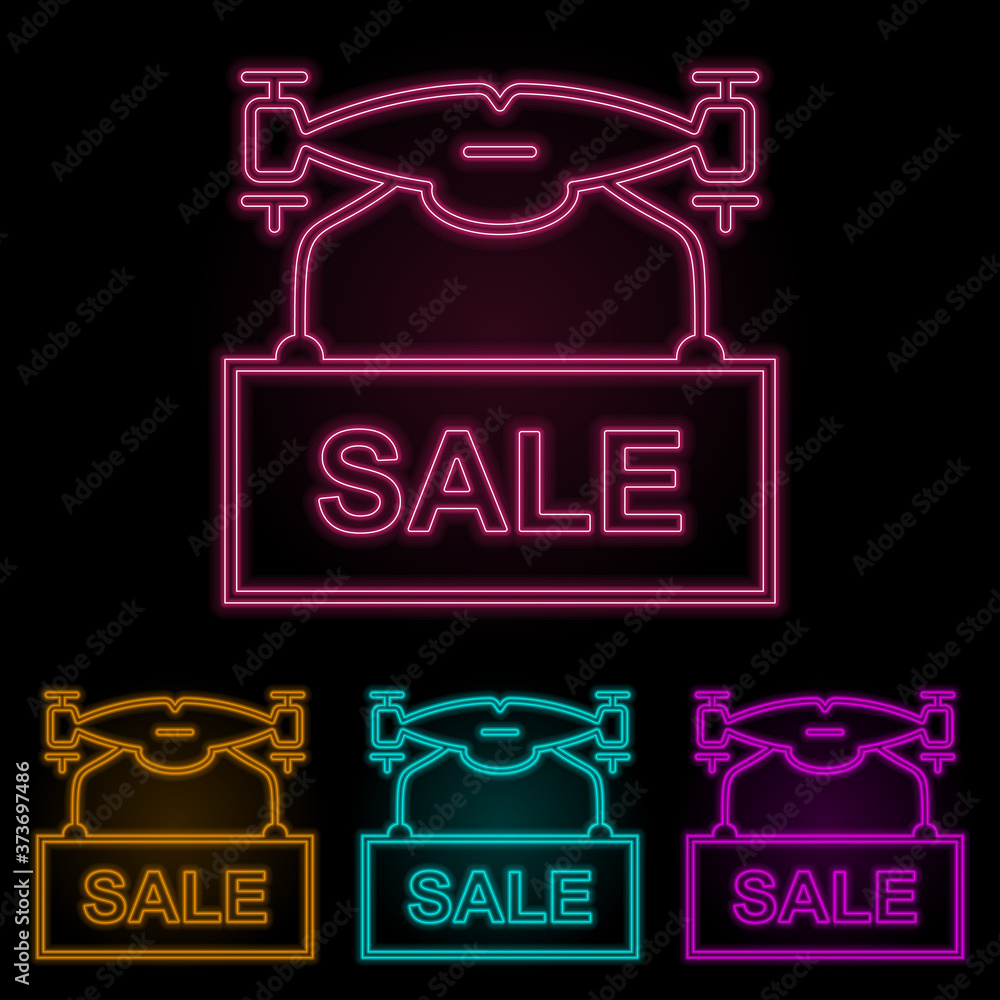 Poster drone for sale color neon set. simple thin line, outline vector of drones icons for ui and ux, websi