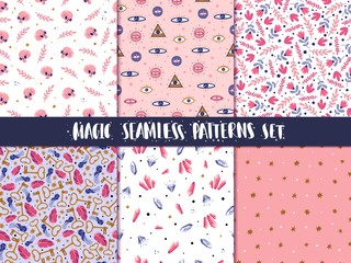Magic icons doodles seamless patterns set