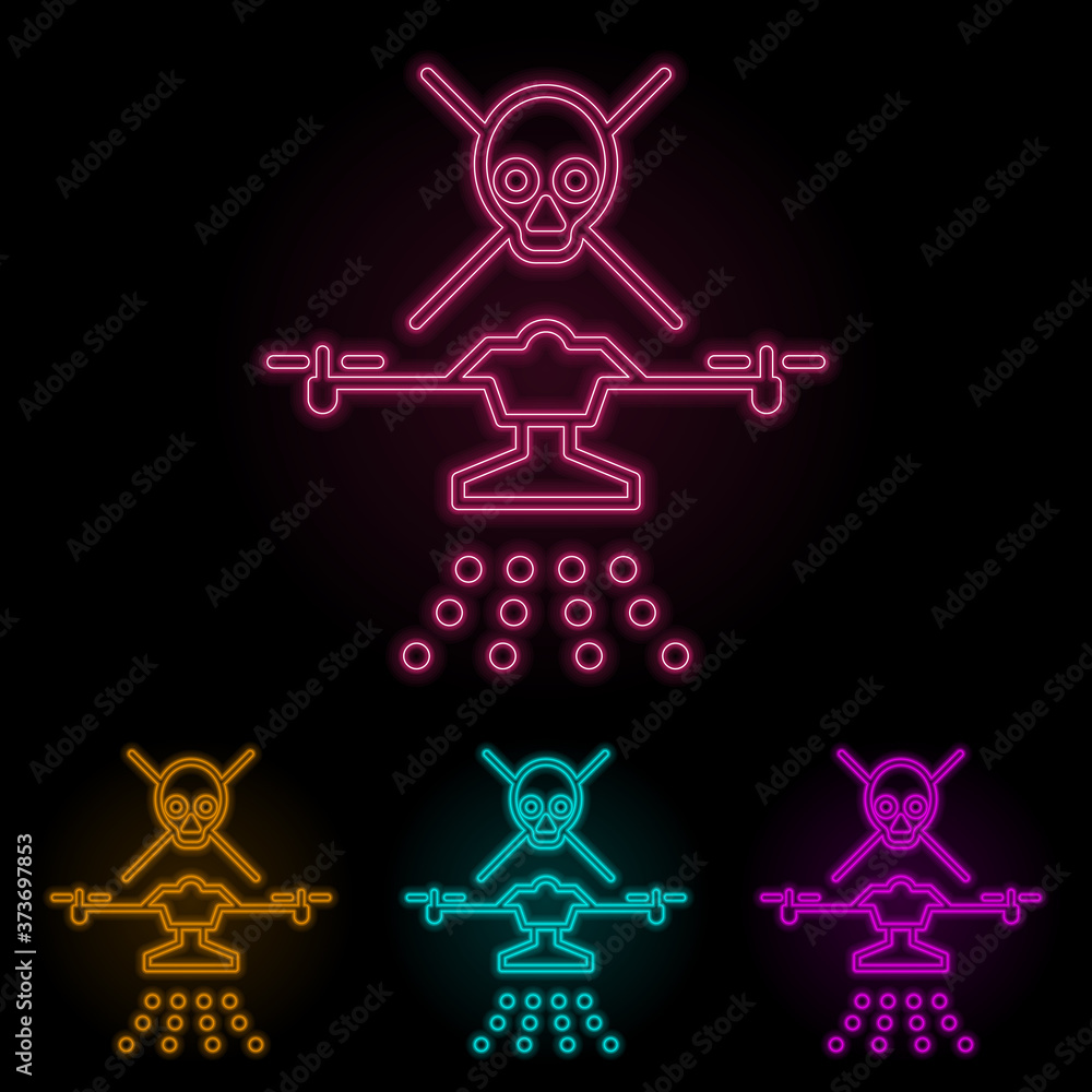 Poster drone with chemical elements color neon set. simple thin line, outline vector of drones icons for ui